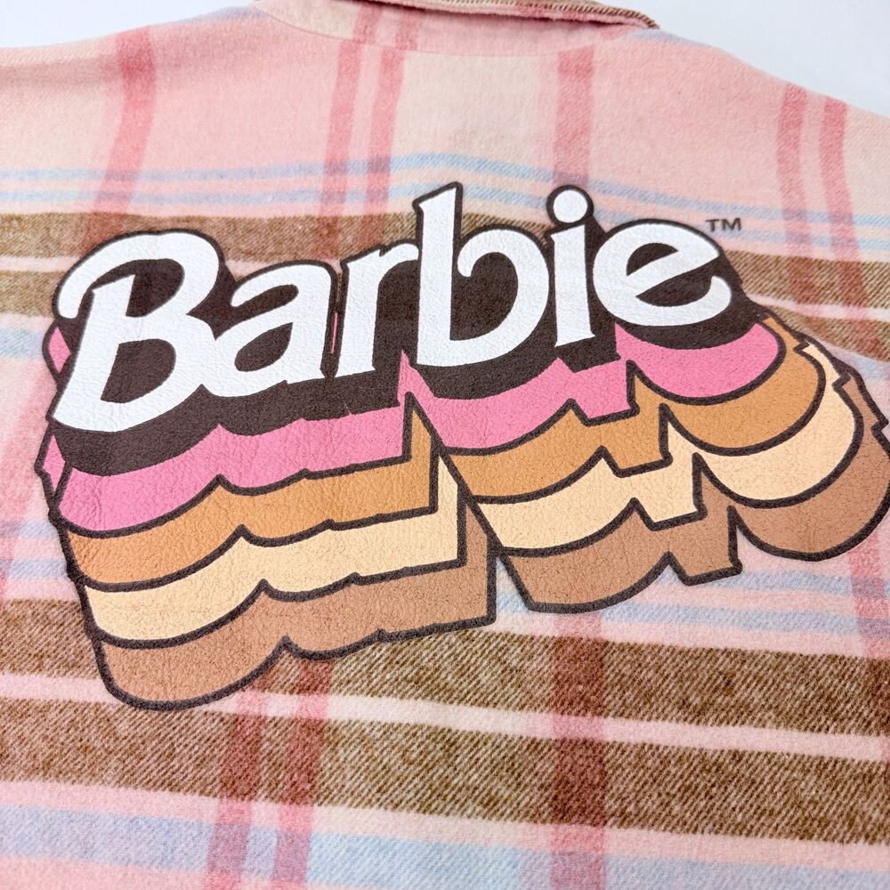 Barbiecore Shacket Pink Plaid Retro‎ Logo Oversized Flannel Barbie Small - Picture 6 of 11